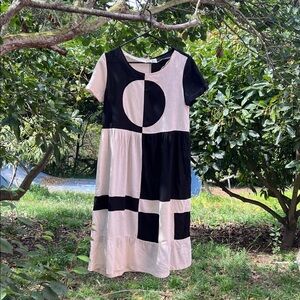 Ersa Fibers Anni dress, Asymmetrical Black and white Midi Dress